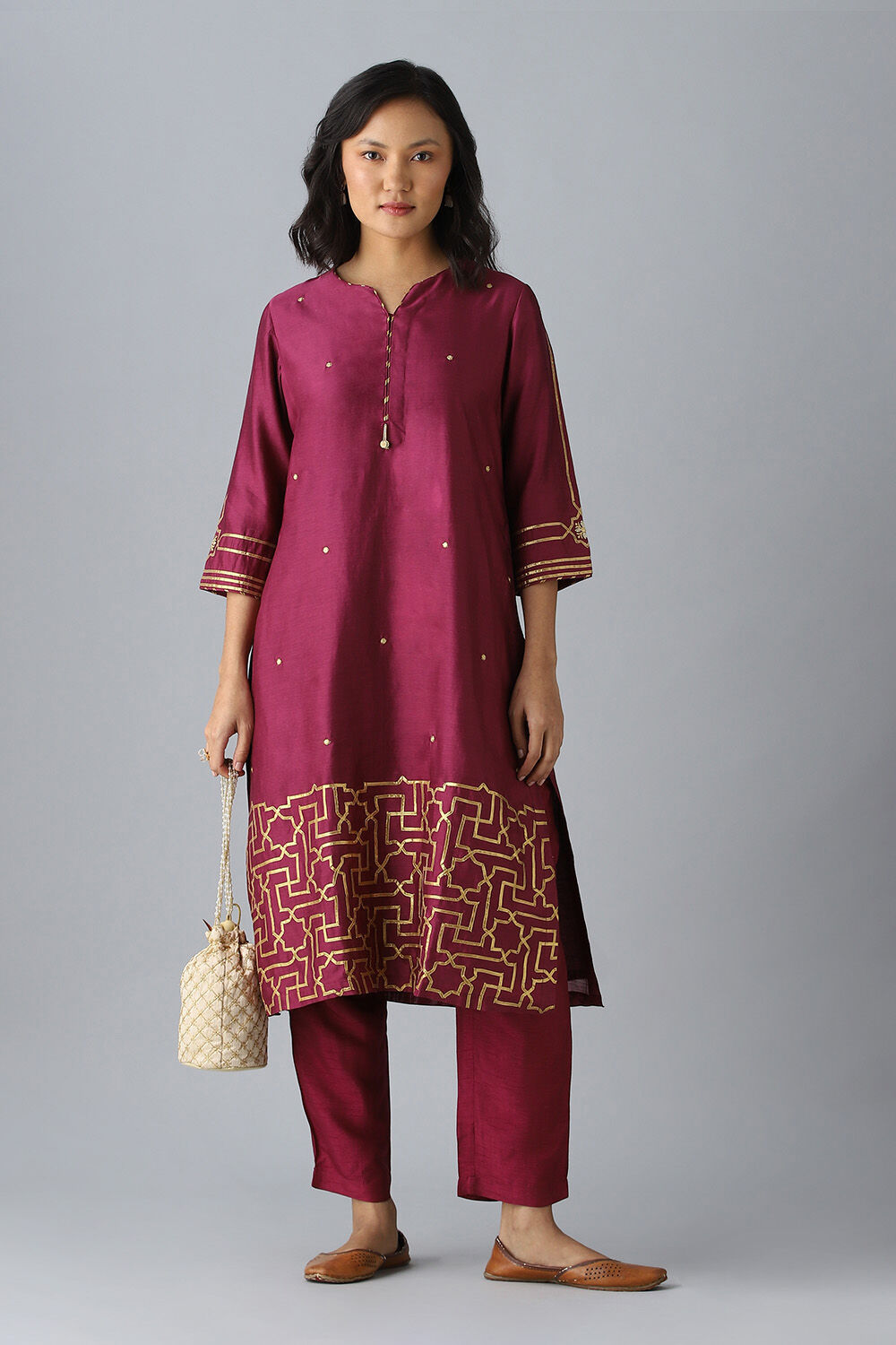 Purple Embroidered Silk Cotton Kurta Set image number null