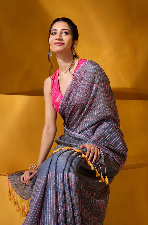 Grey Tissue Linen Embroidered Saree
