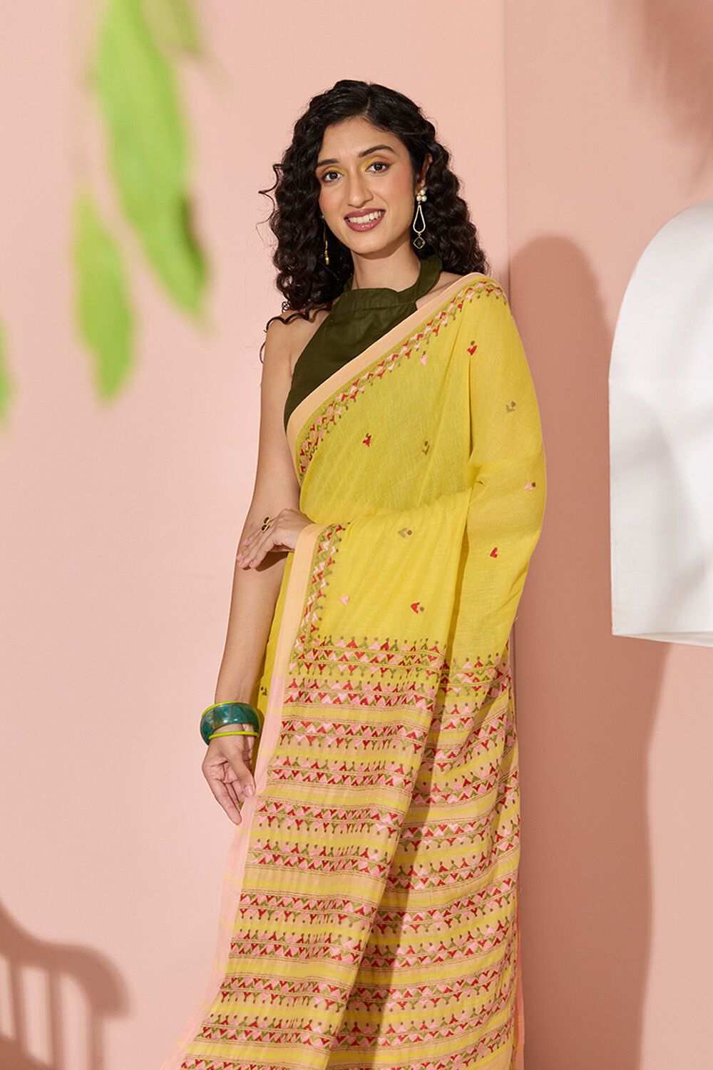 Yellow Kantha Embroidered Pure Cotton Bengal Saree image number null