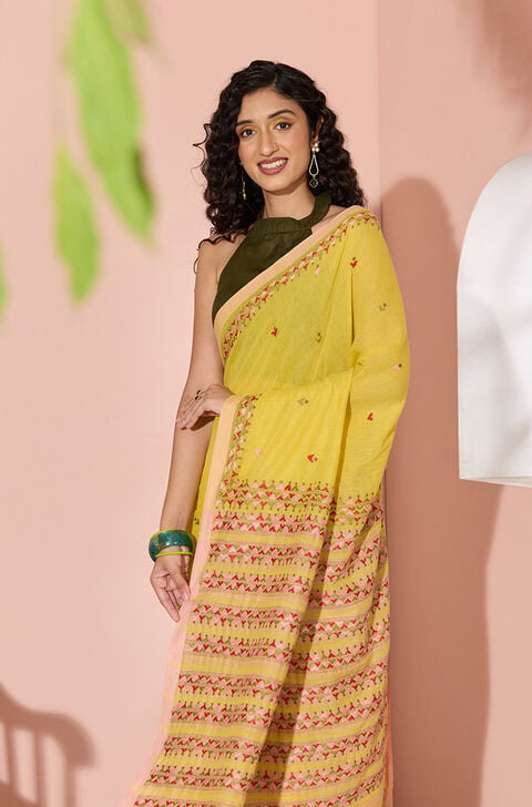 Yellow Kantha Embroidered Pure Cotton Bengal Saree