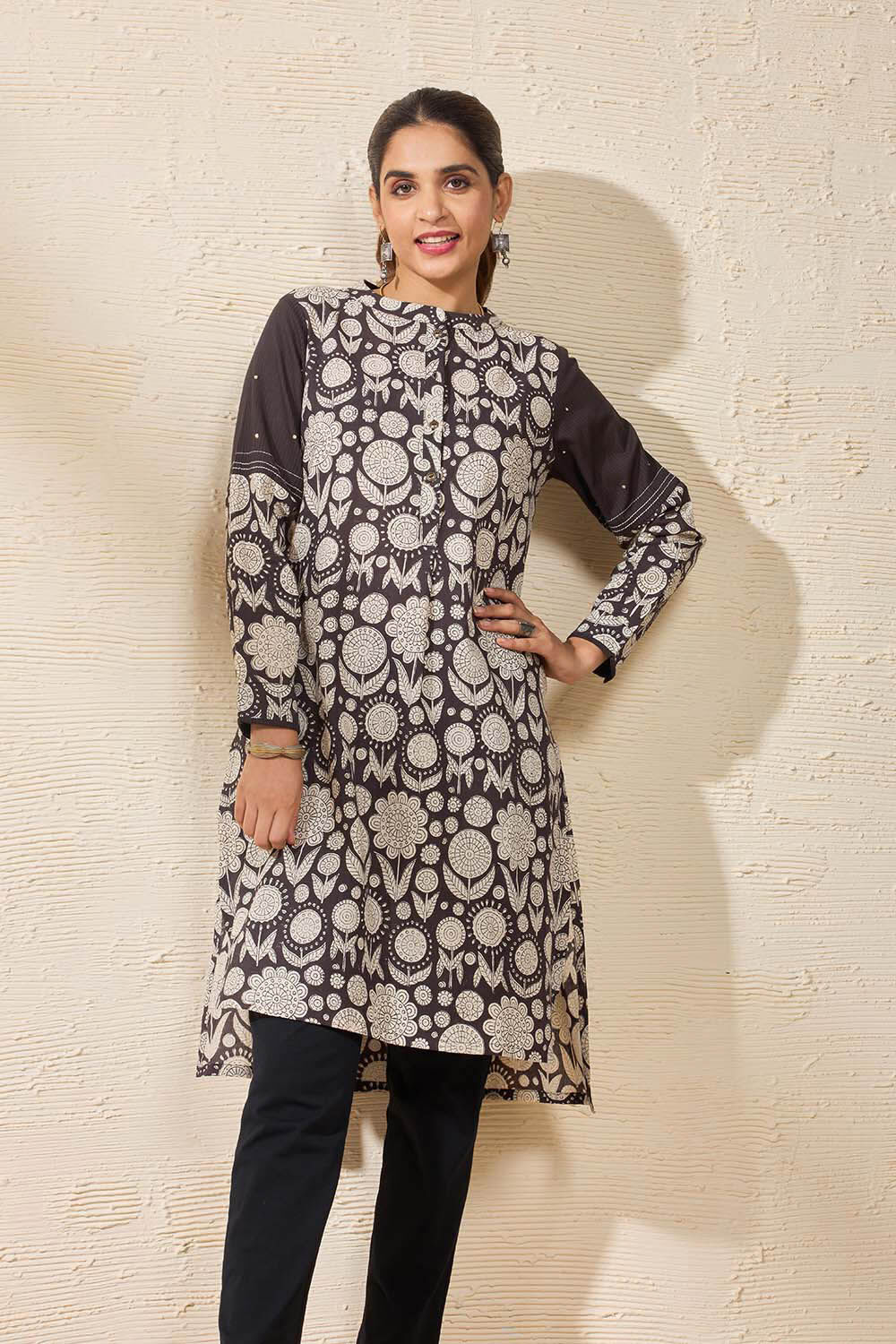 Black Pure Cotton Printed Sanganeri Kurta image number null
