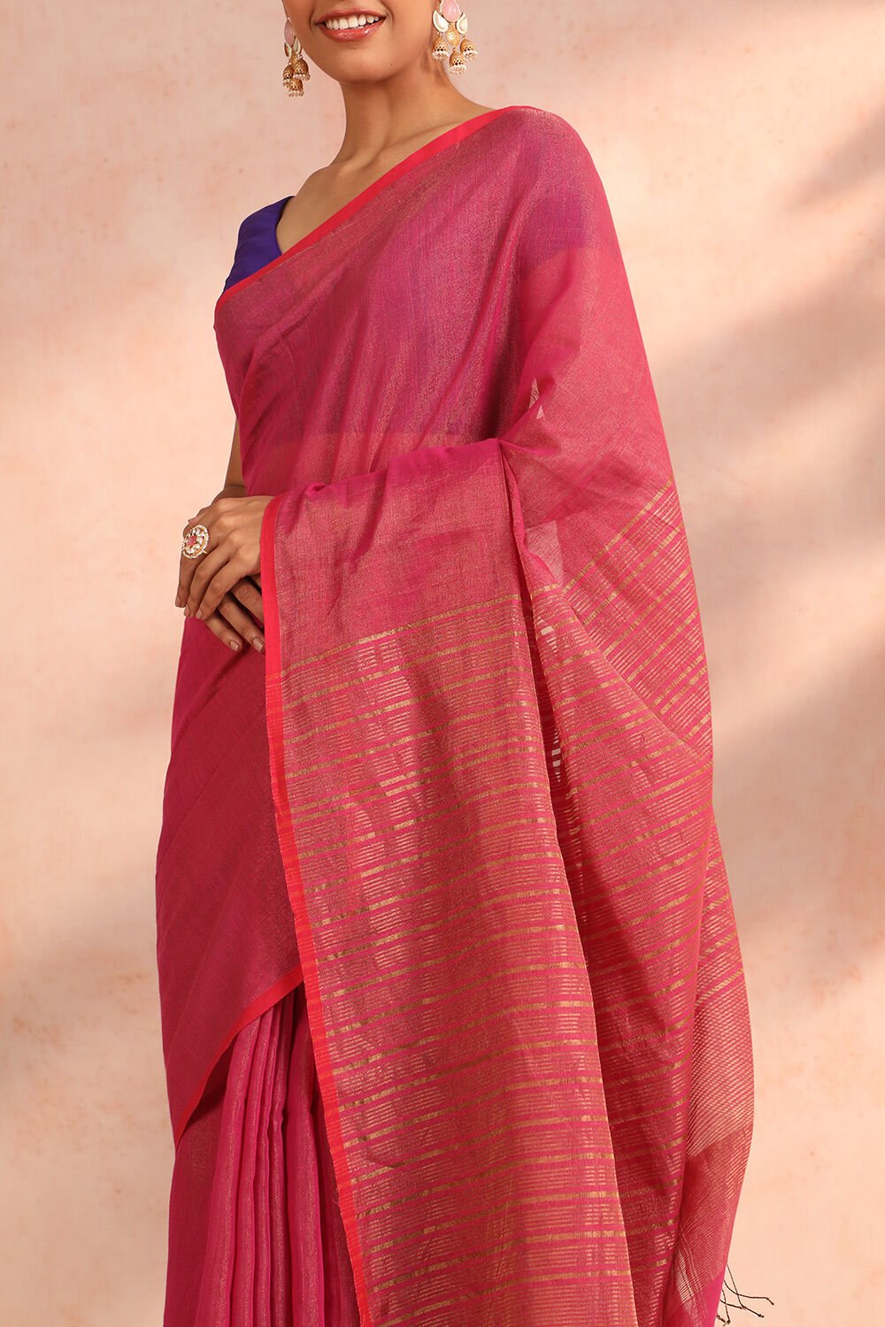 Pink Woven Pure Cotton Tissue Bengal Saree image number null