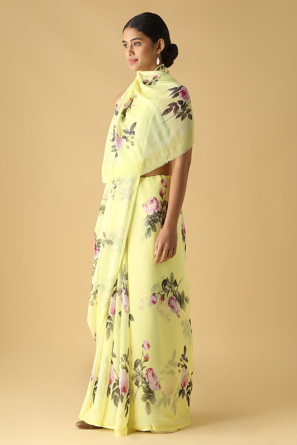 Light Yellow Pure Chiffon Digital Printed Saree image number null