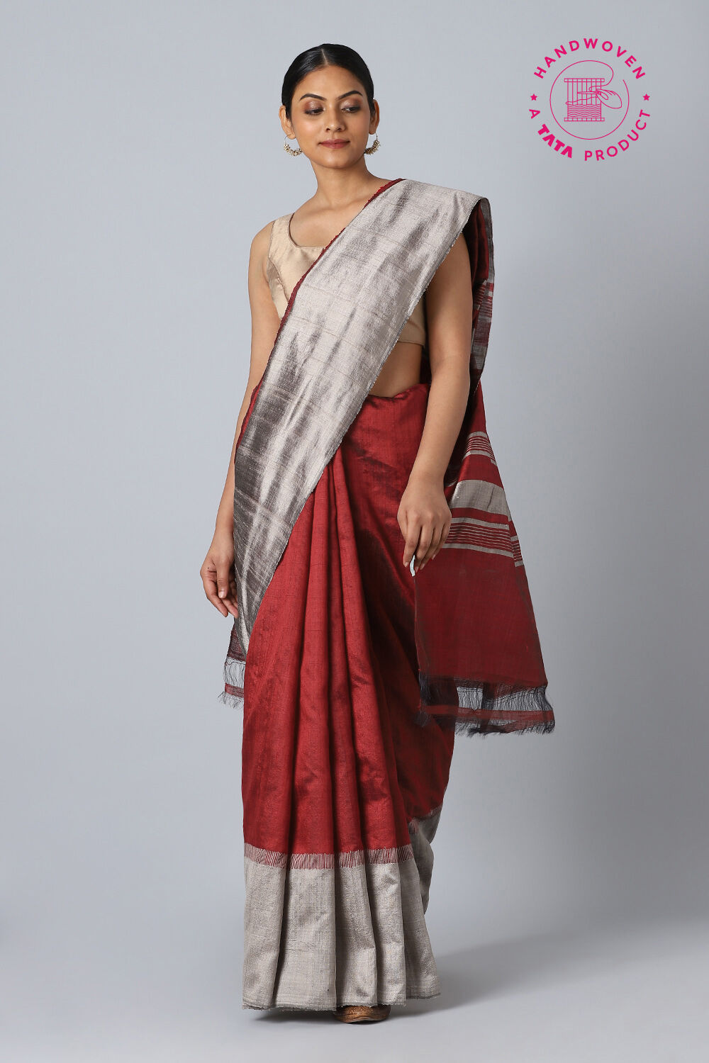 Dark Red Pure Silk Woven Saree image number null