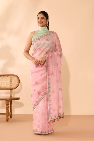 Light Pink Pure Silk Organza Embroidered Saree thumbnail image number null