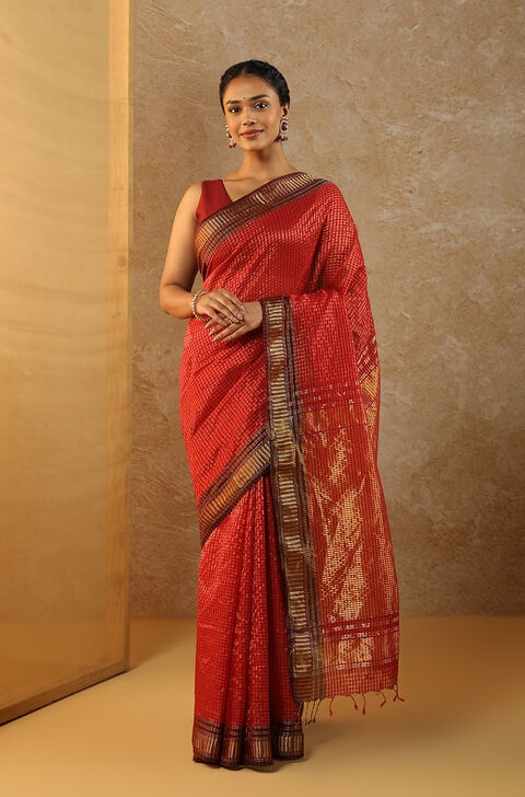 Red Woven Pure Silk Cotton Maheshwari Saree