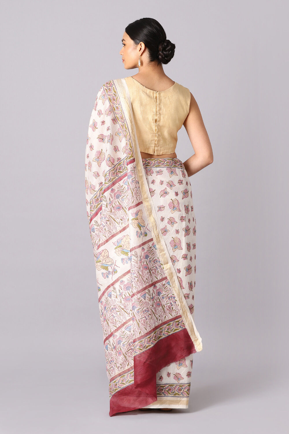Off White Pure Silk Cotton Sanganeri Printed Saree image number null