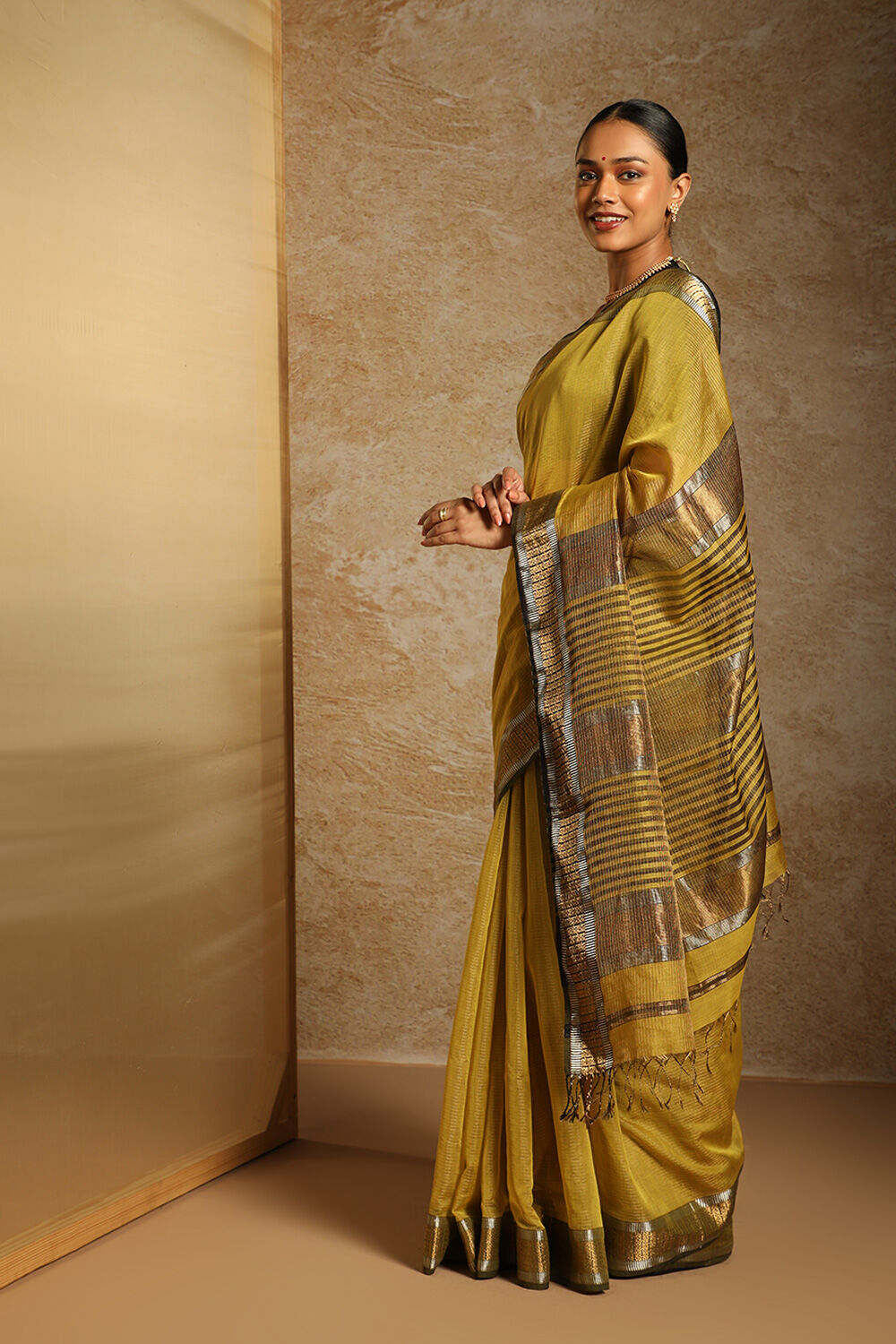 Yellow Woven Pure Silk Tissue Maheswari Saree image number null