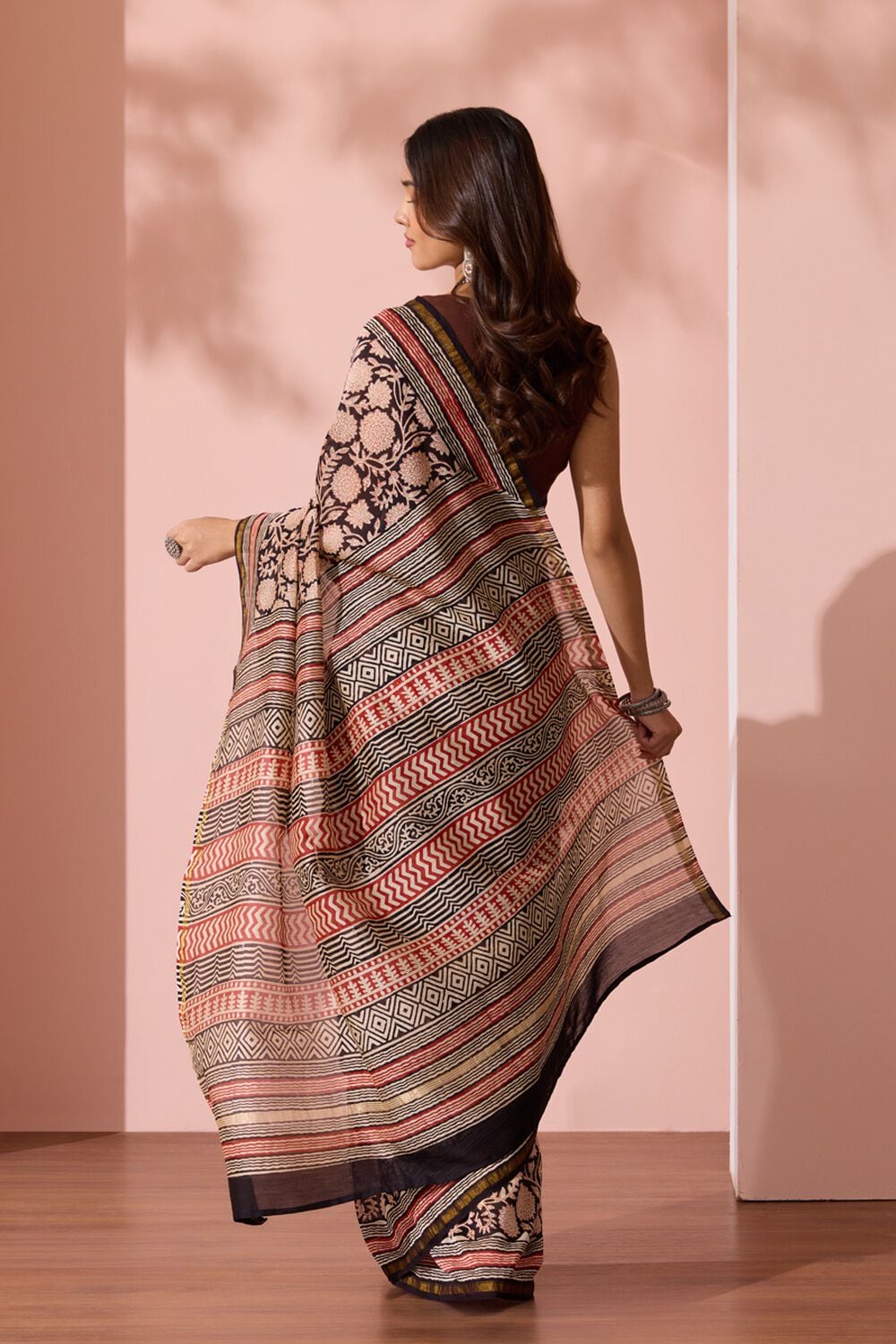 Black Bagru Bagru Block Printed Pure Silk Cotton Saree image number null