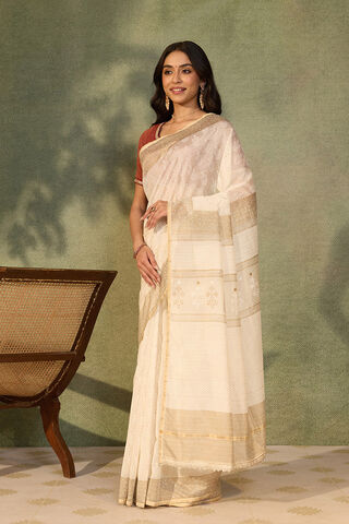 Off White Pure Silk Cotton Printed Sanganeri Saree thumbnail image number null