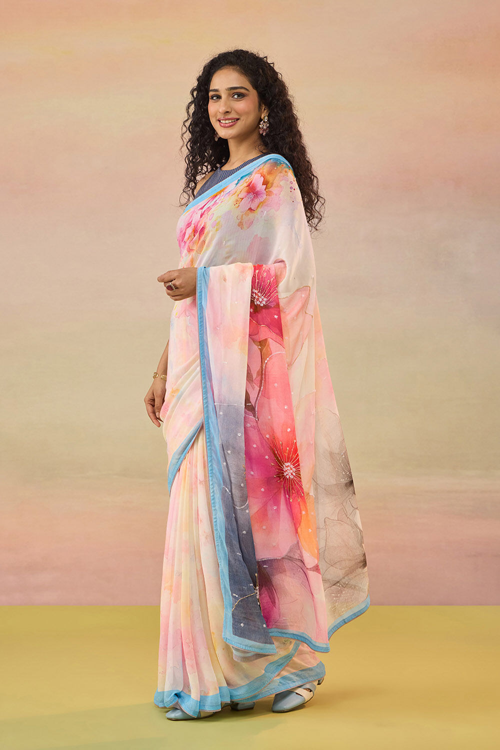 Light Pink Bengal Printed Embroidered Viscose Georgette Saree image number null