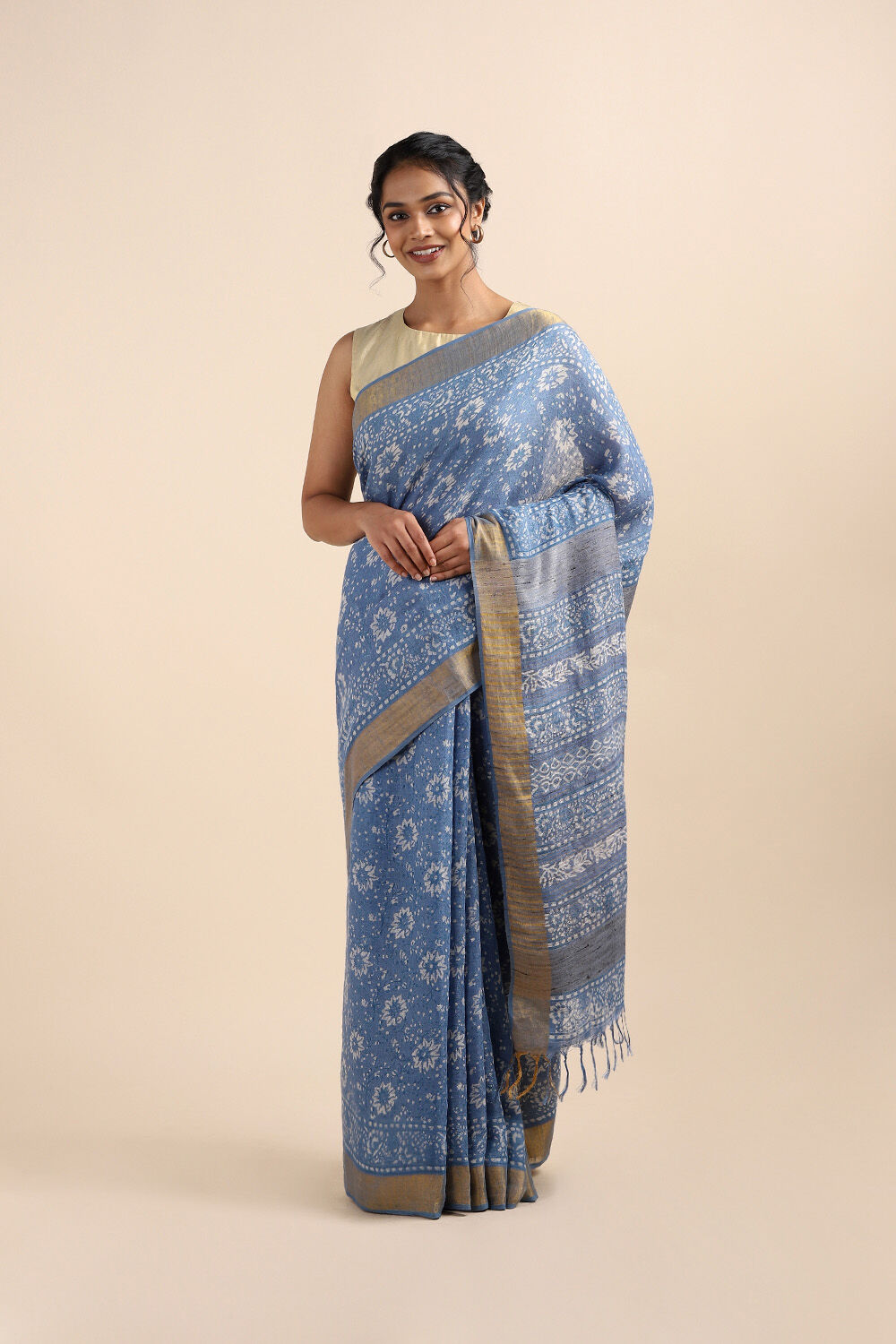 Blue Pure Linen Printed Saree image number null