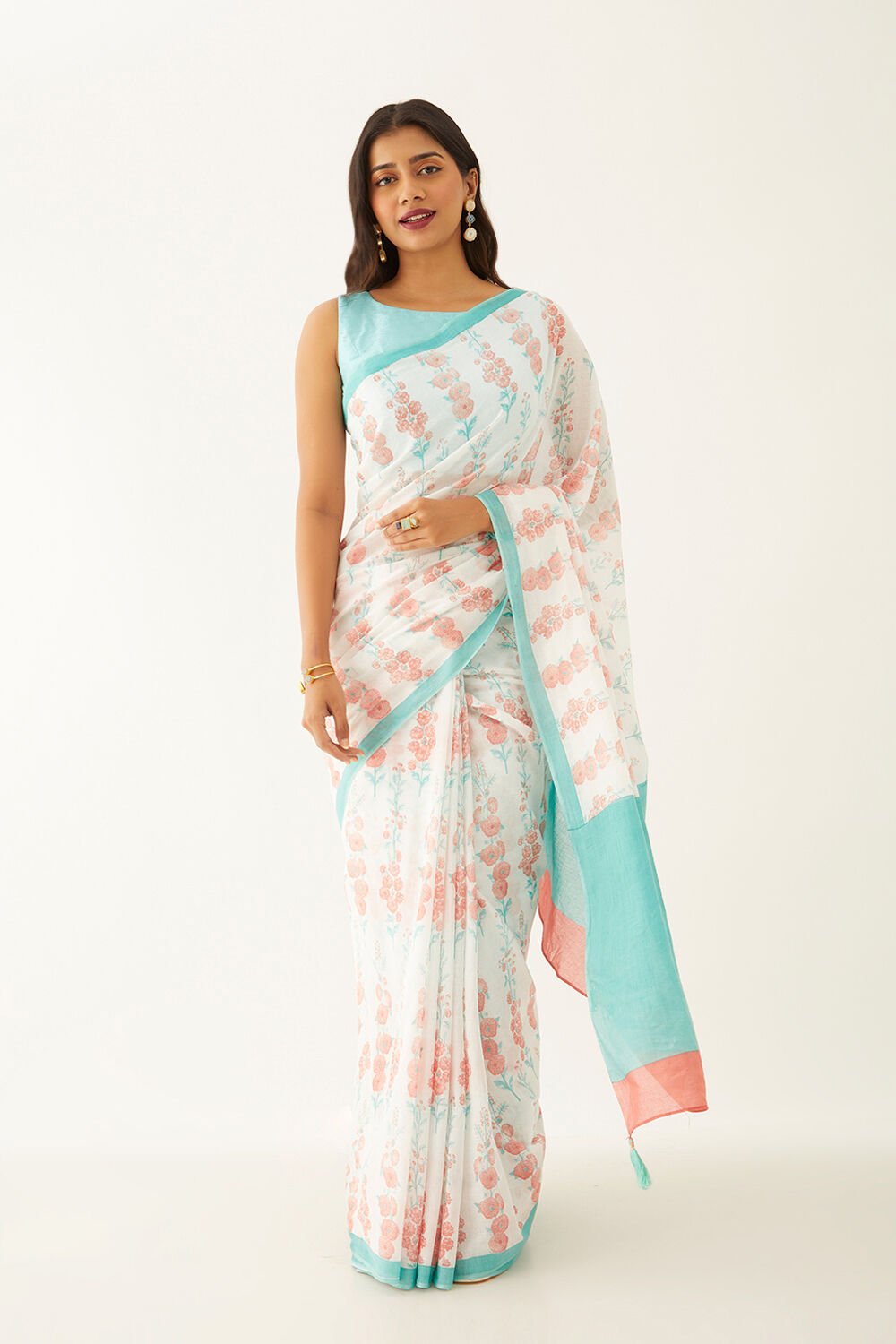 Off White Pure Cotton Mulmul Printed Saree image number null