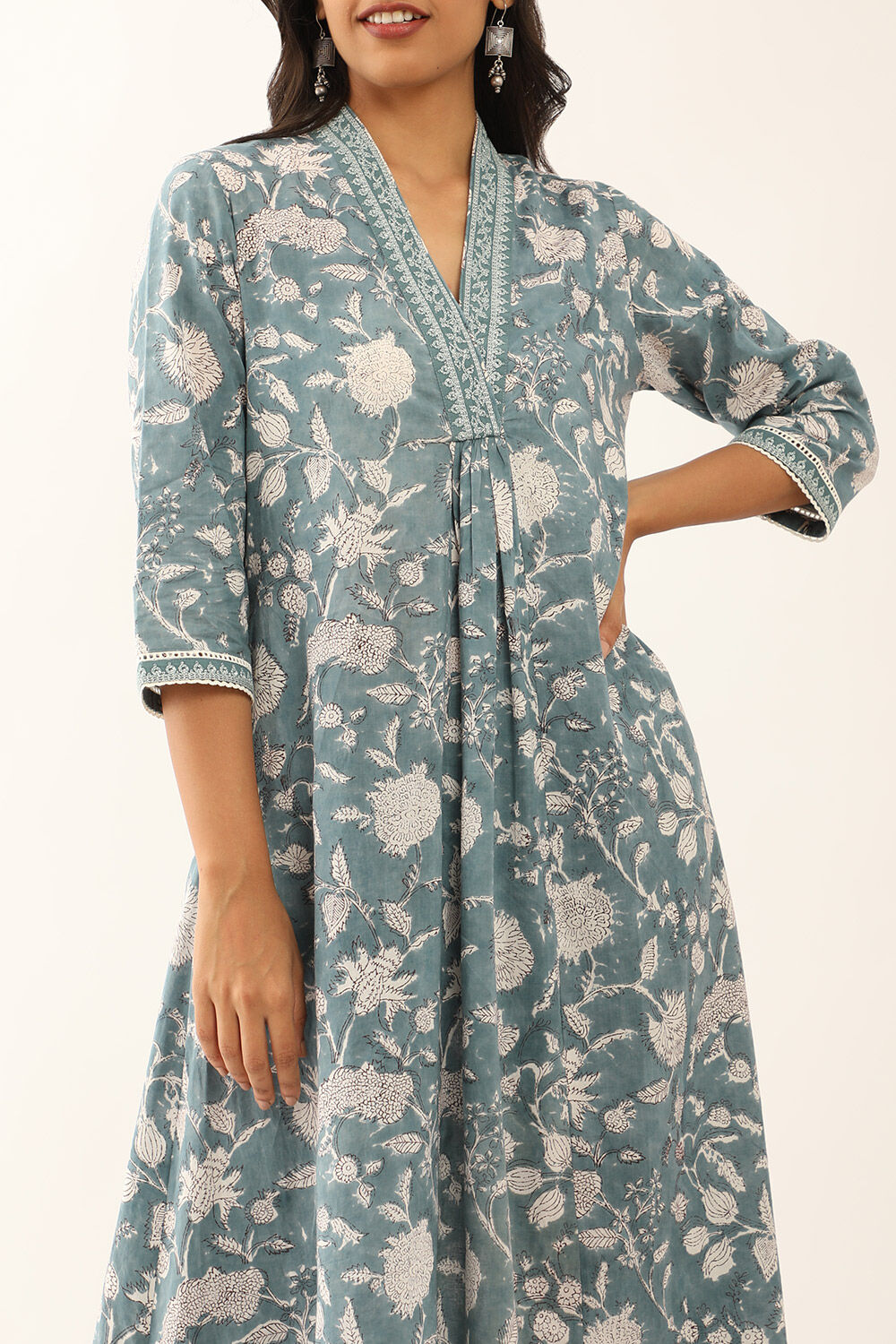 Blue Pure Cotton Block Printed Kurta with Embroidery image number null