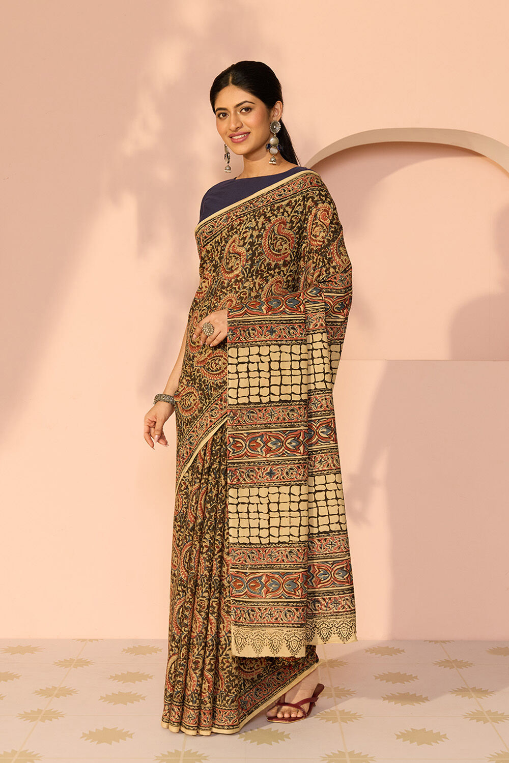 Brown Printed Kalamkari Machilipatnam Pure Cotton Saree image number null