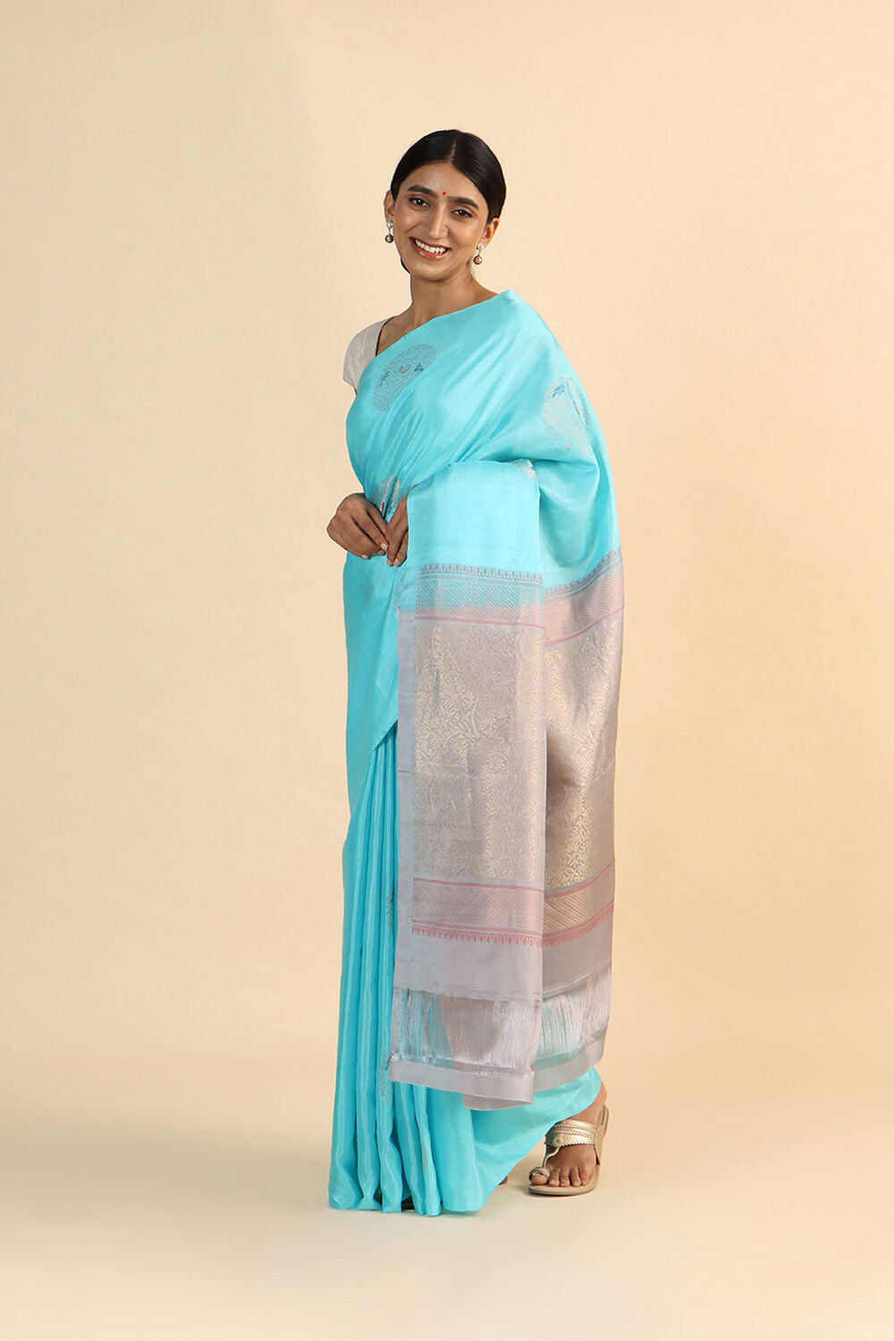 Light Blue Pure Silk Tencel South Saree image number null