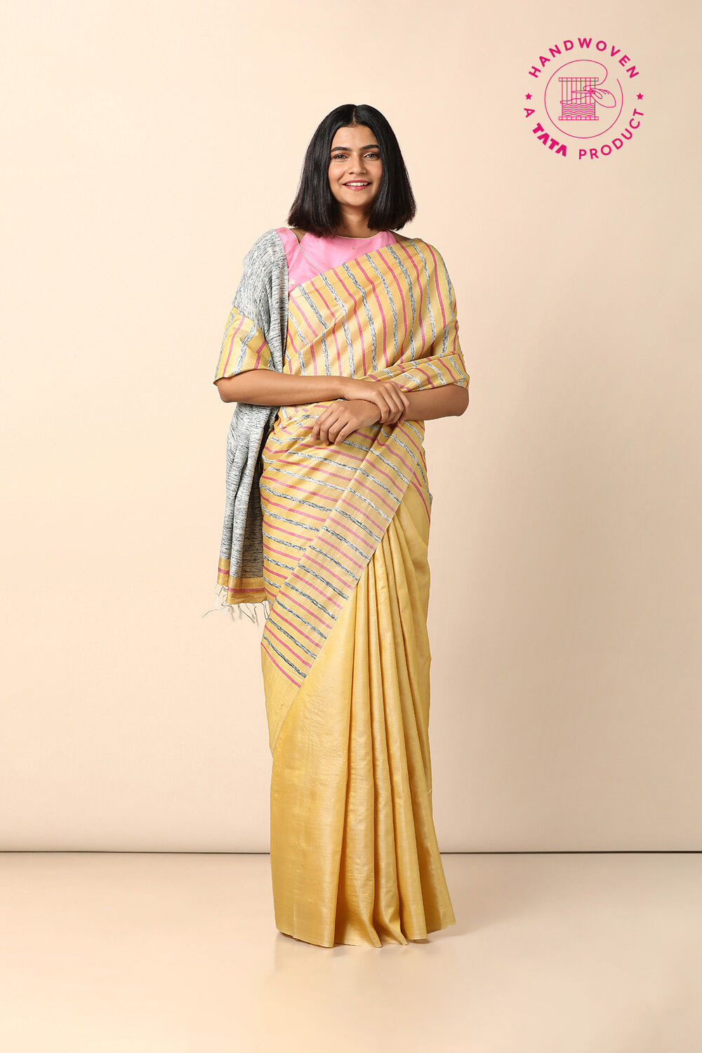 Yellow Pure Tussar Silk Woven Saree image number null