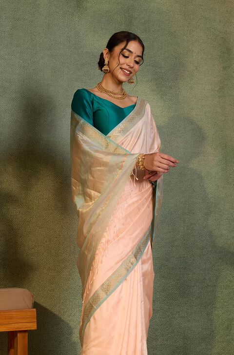 Light Orange Woven Pure Silk Maheshwari Saree