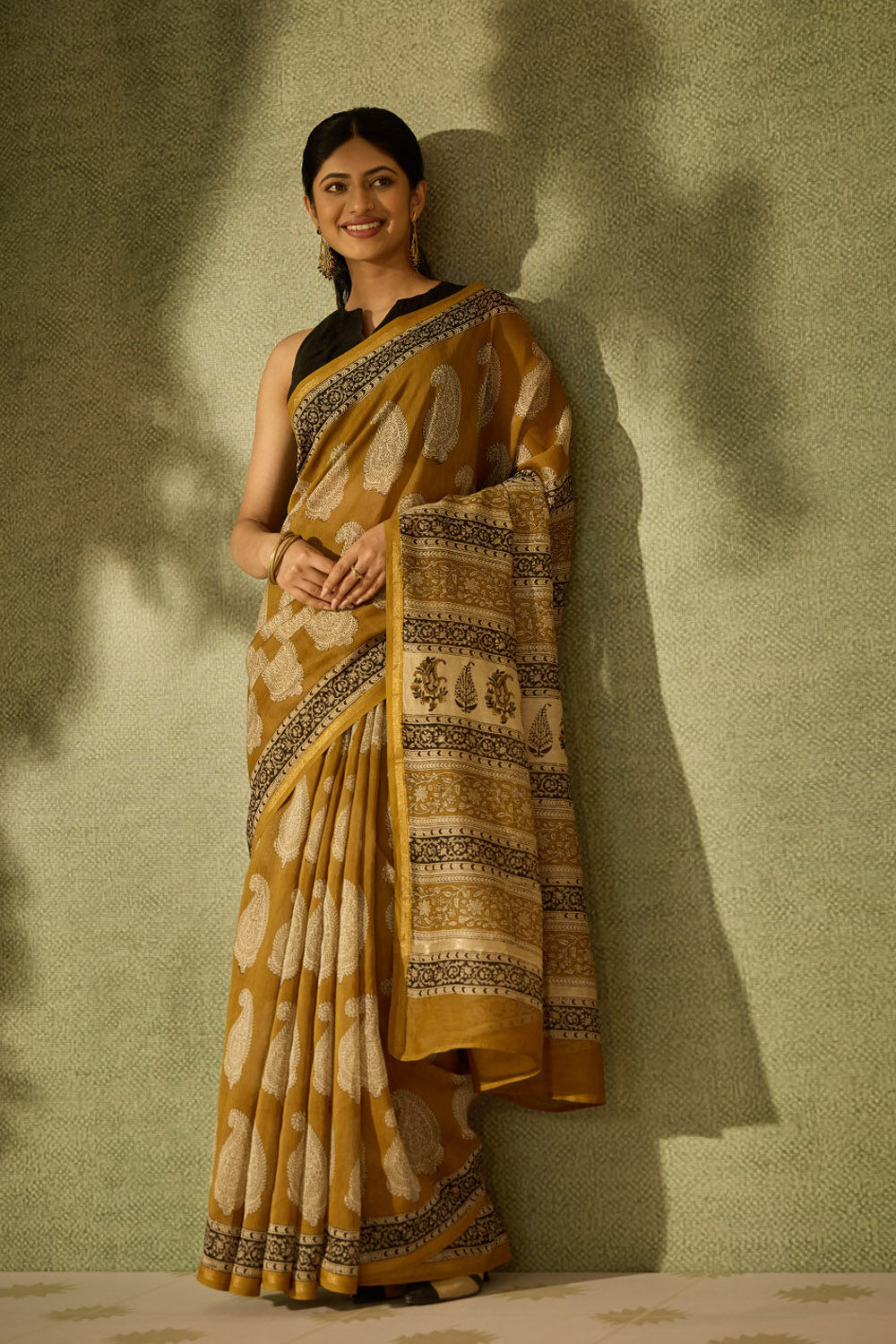 Dark Yellow Bagru Bagru Block Printed Pure Silk Cotton Saree image number null