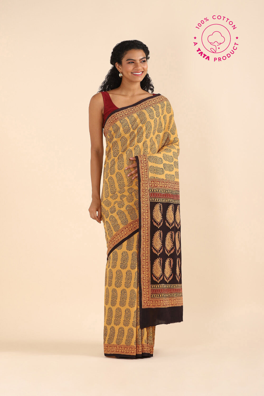Beige Pure Cotton Bagh Printed Saree image number null
