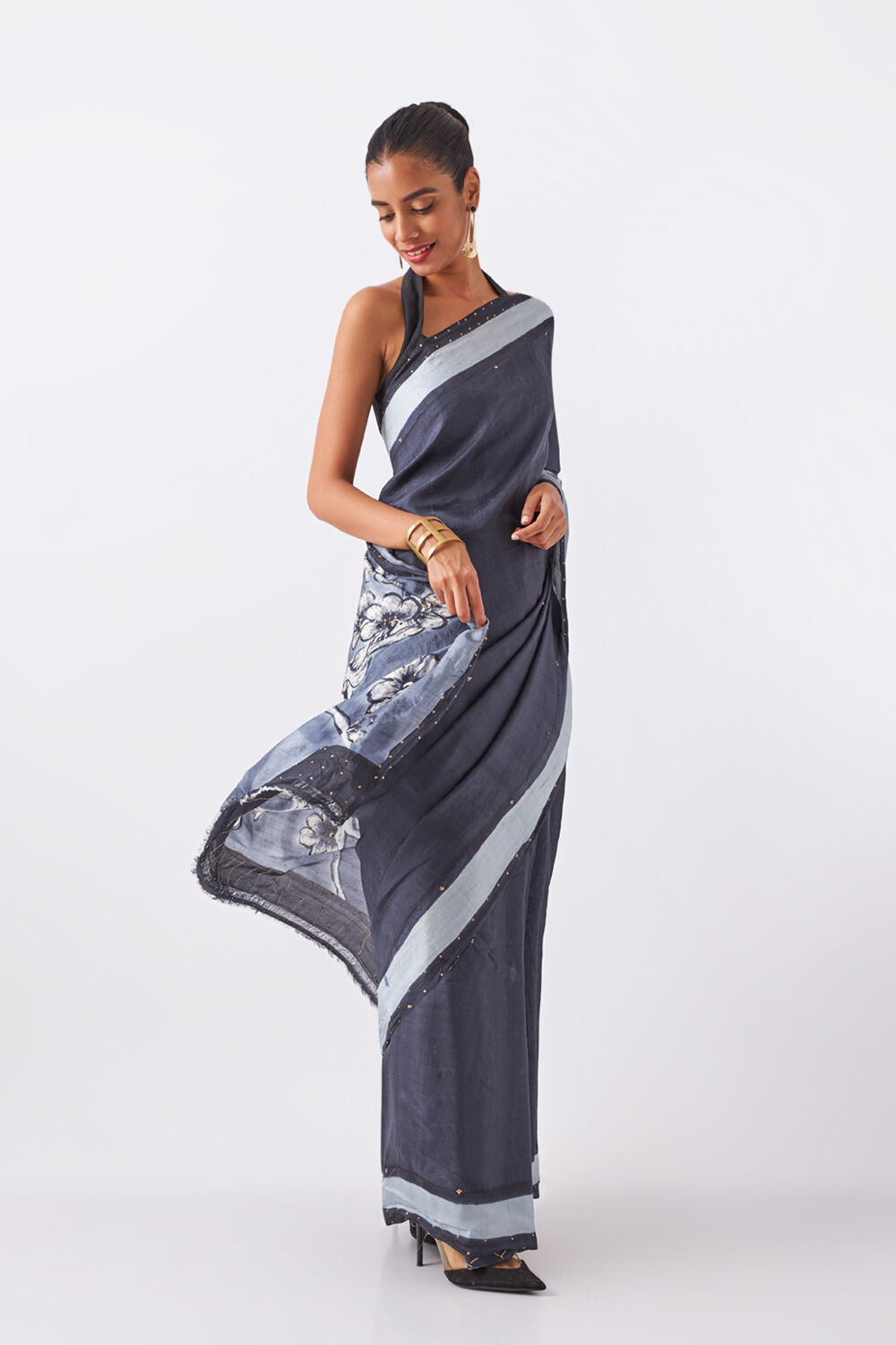 Grey Pure Silk Hand Painted Saree image number null