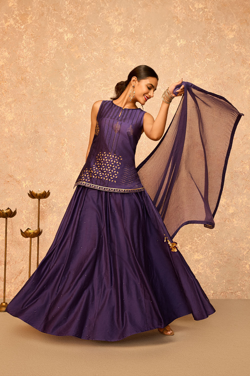 Dark Violet Embroidered Pure Silk Cotton Lehenga Set image number null