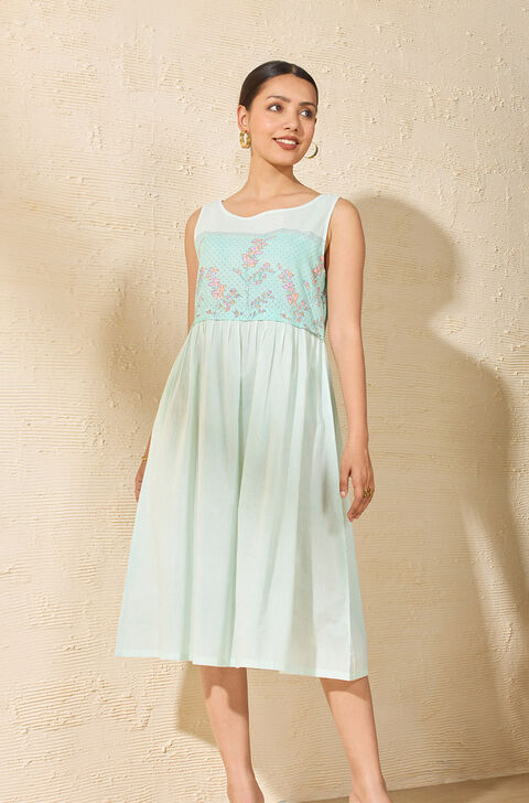 Off White Pure Cotton Printed Sanganeri Dress