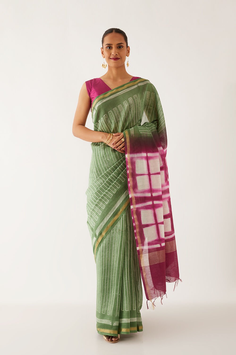 Dark Green Pure Silk Cotton Shibori Saree image number null