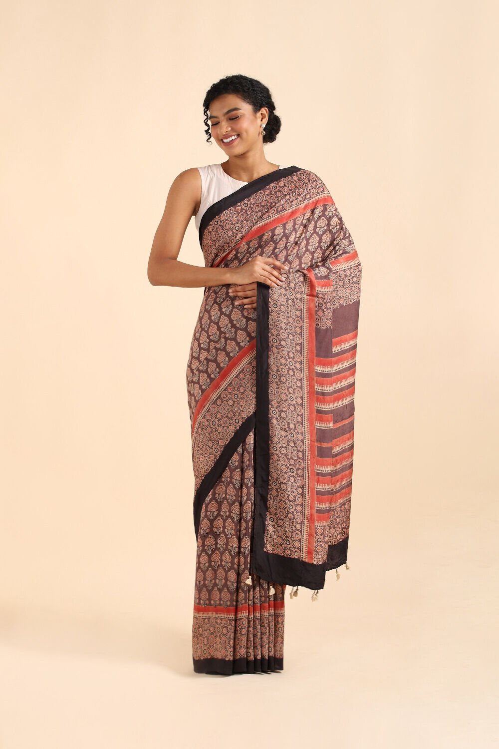 Brown Pure Silk Ajrakh Printed Saree image number null
