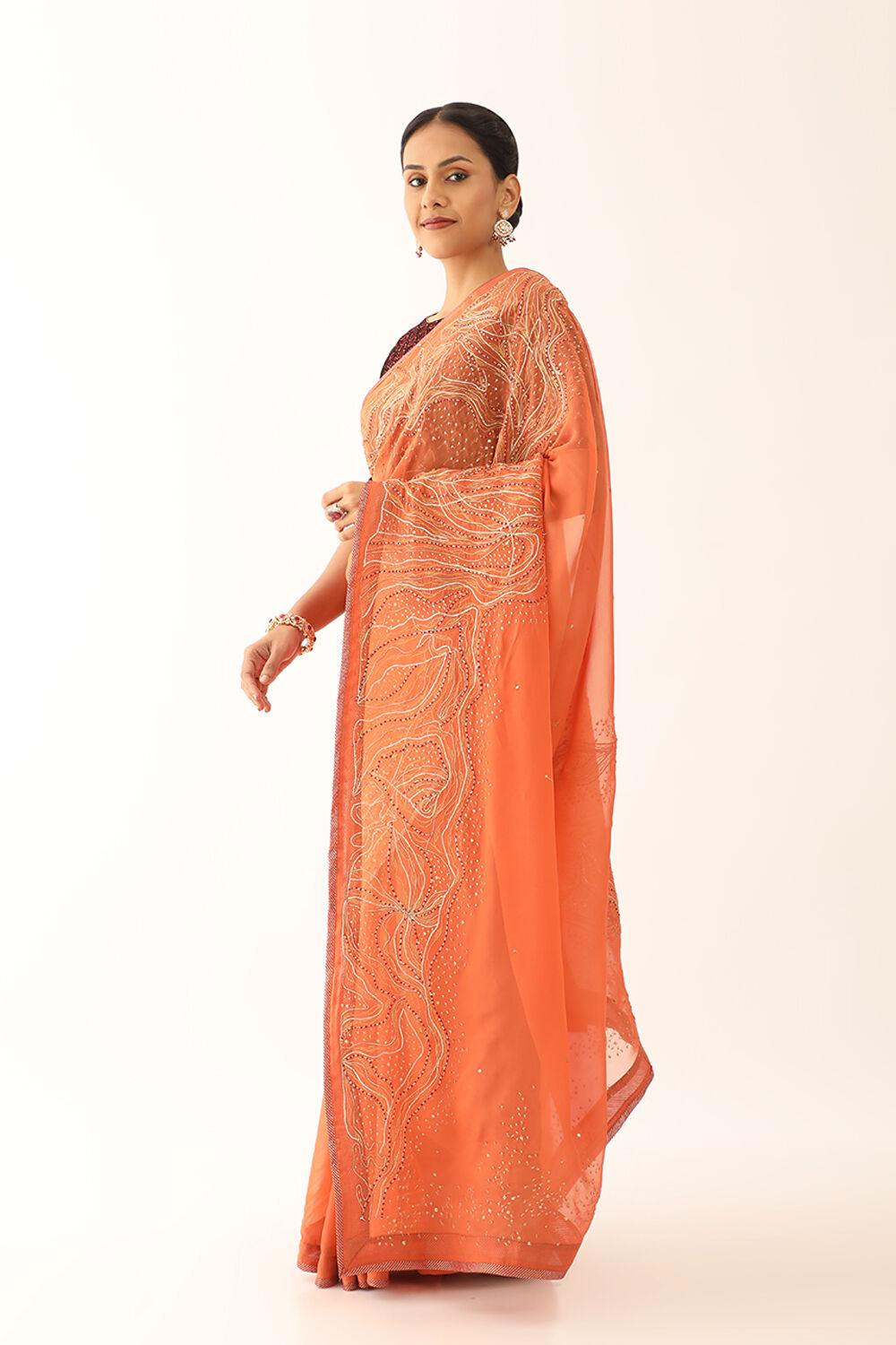 Orange Silk Viscose Embroidery Saree image number null