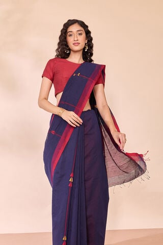 Dark Blue Bengal Pure Silk Cotton Jamdani Saree image number
