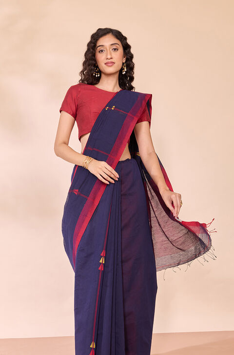 Dark Blue Bengal Pure Silk Cotton Jamdani Saree
