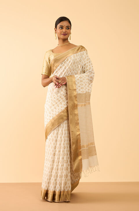 Off White Rajasthan Pure Silk Cotton Printed Sanganeri Saree