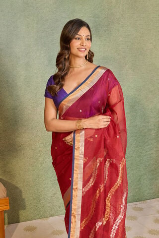 Red Woven Pure Silk Cotton Chanderi Saree image number
