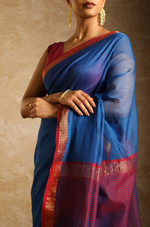 Navy Woven Pure Silk Cotton Maheswari Saree