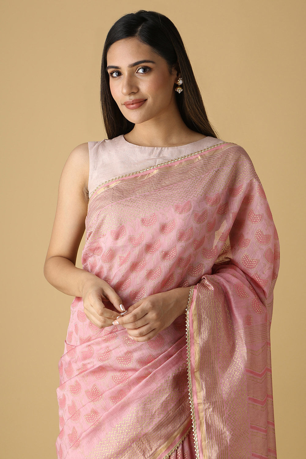 Pink Pure Silk Cotton Hand Printed Saree image number null