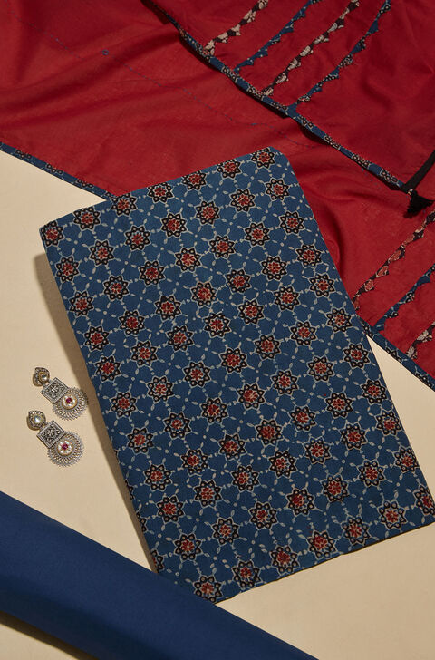 Blue Pure Cotton Ajrakh Unstitched Suit Set
