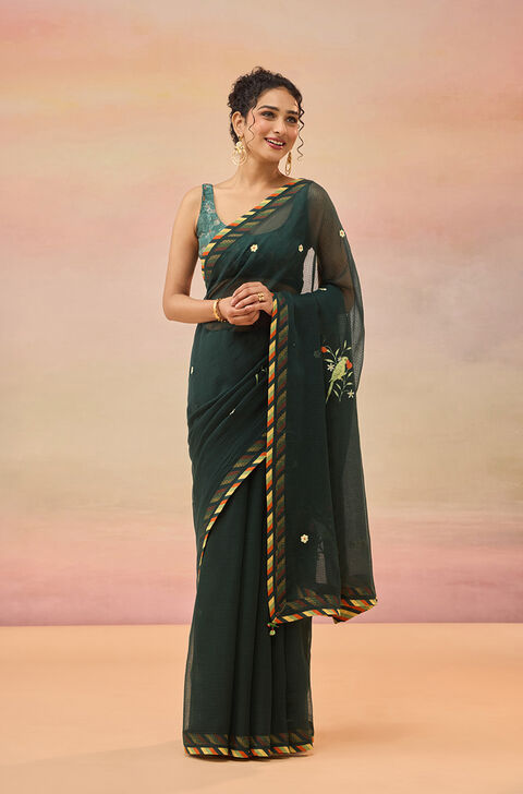 Dark Green Embroidered Pure Cotton Kota Saree