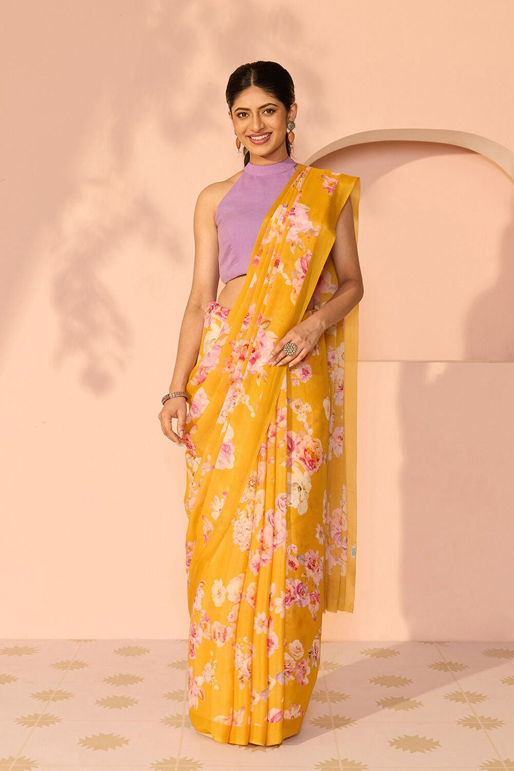 Yellow Printed Viscose Crepe Saree image number null