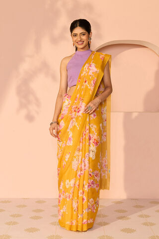 Yellow Printed Viscose Crepe Saree thumbnail image number null