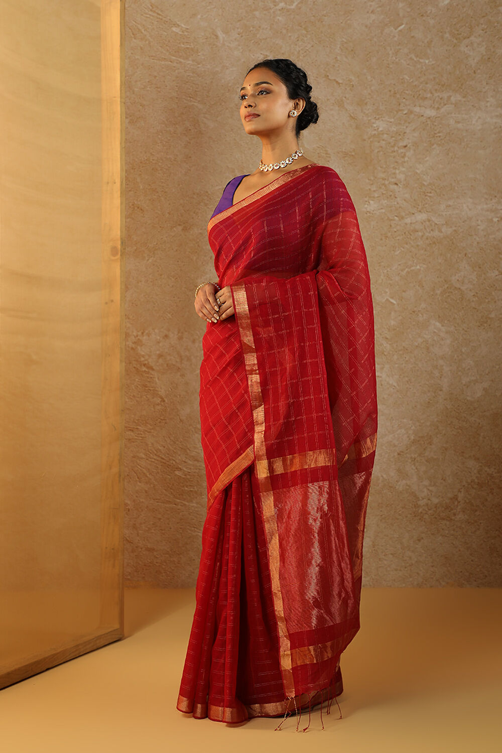 Red Woven Pure Silk Cotton Bengal Saree image number null
