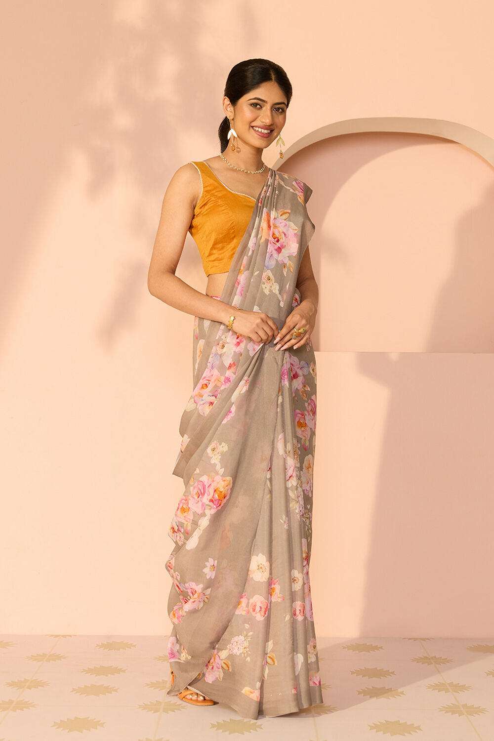 Grey Printed Viscose Crepe Saree image number null