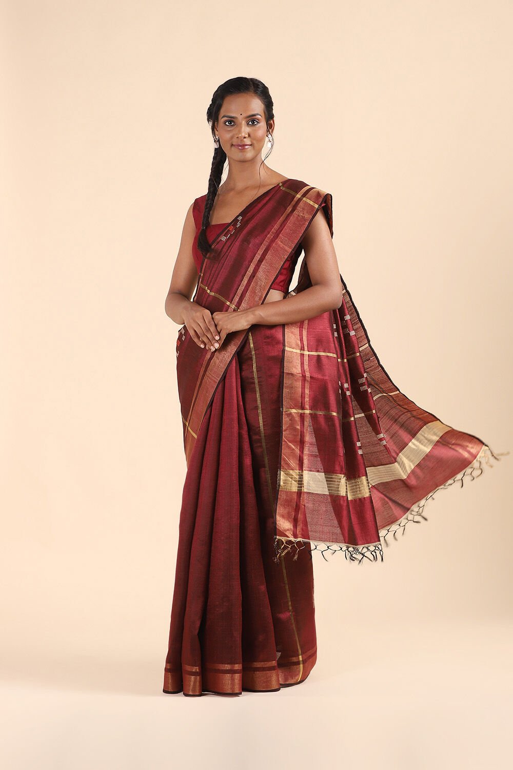 Dark Red Pure Tussar Silk Bhagalpuri Saree image number null