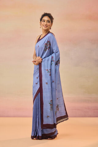 Light Violet Bengal Pure Silk Hand Painted Embroidered Saree thumbnail image number null