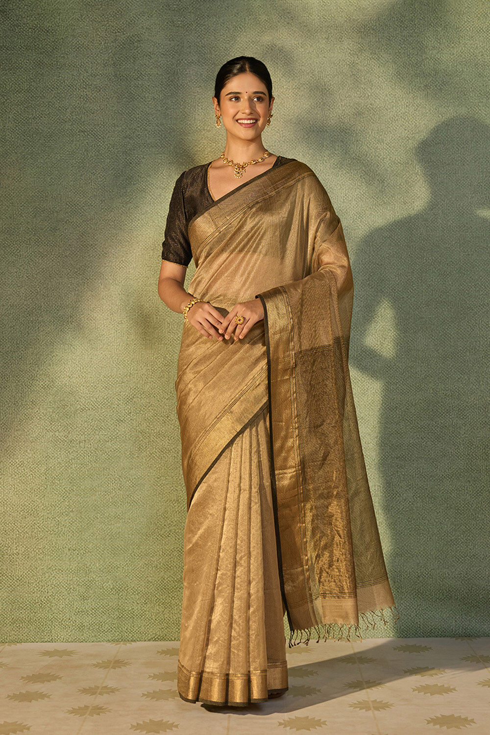 Gold Beige Woven Pure Tissue Cotton Maheshwari Saree image number null