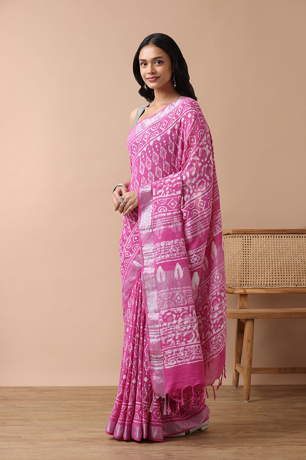 Light Pink Cotton Viscose Rajasthan Block Printed Saree image number null