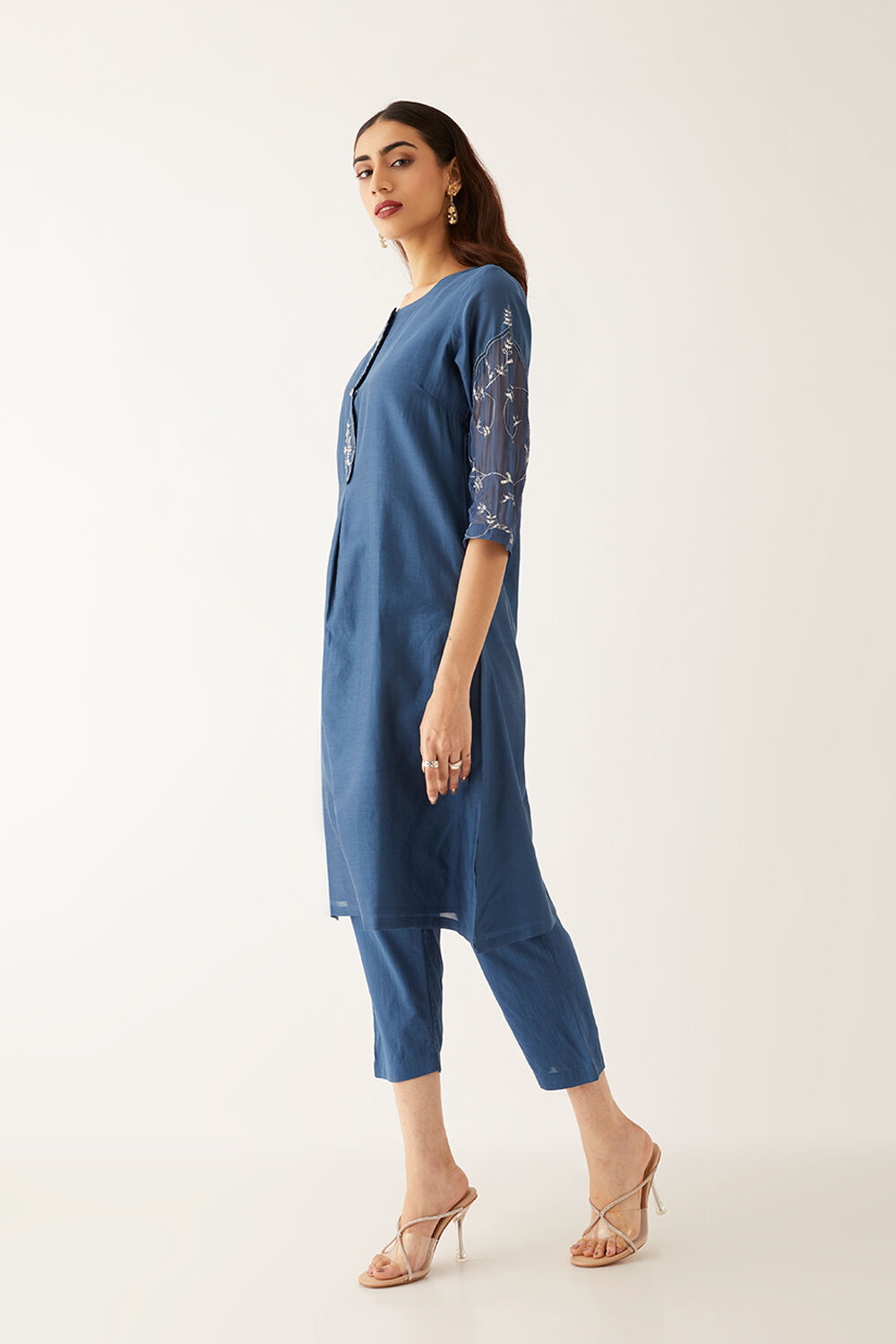 Blue Silk Cotton Embroidered Kurta Set image number null