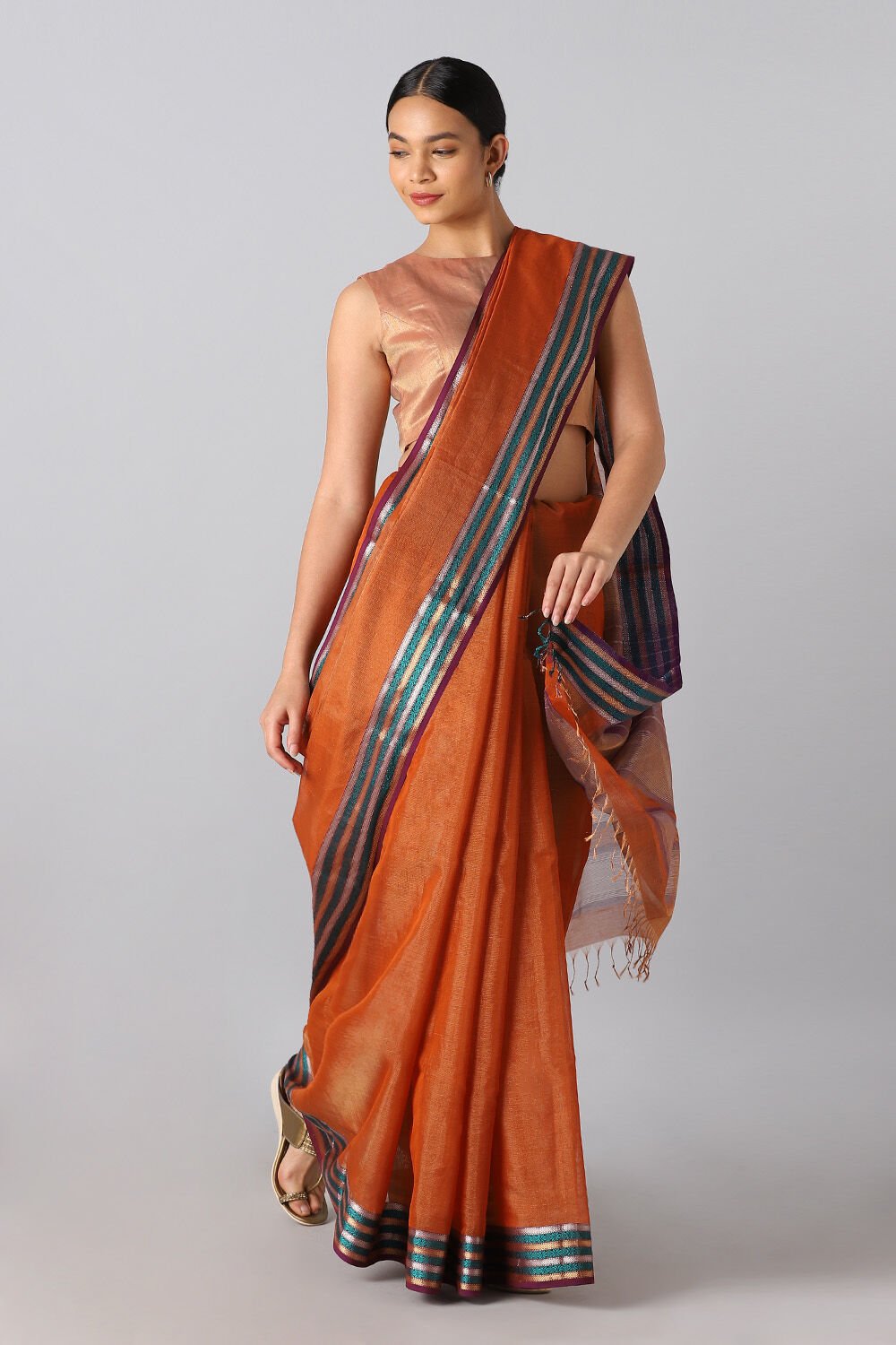 Dark Orange Pure Cotton Tissue Maheswari Saree image number null