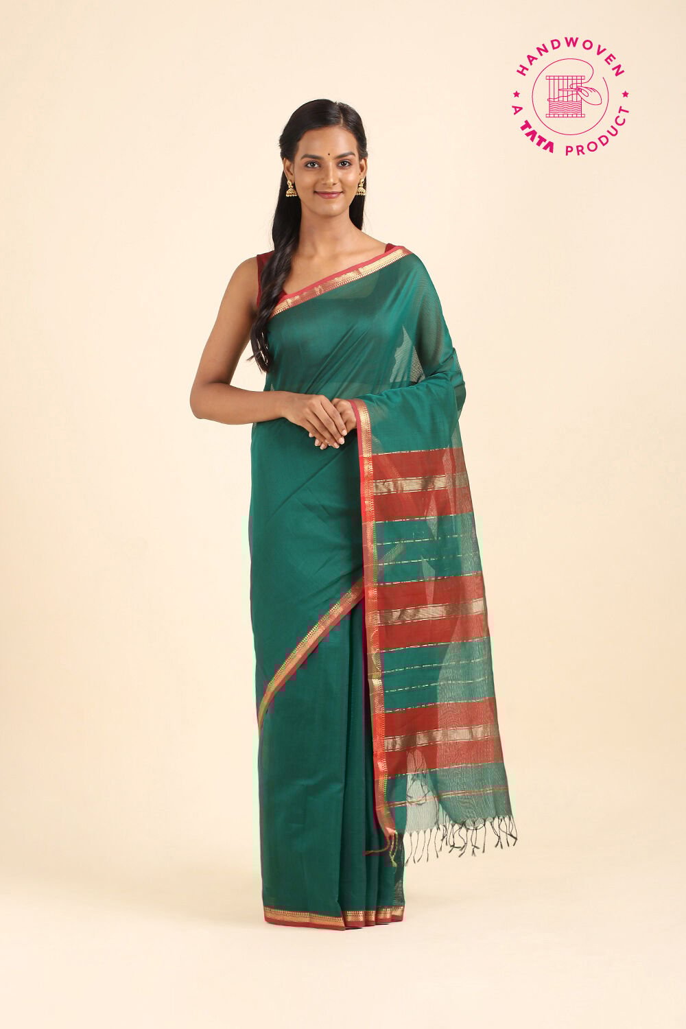 Dark Green Pure Silk Cotton Maheswari Saree image number null