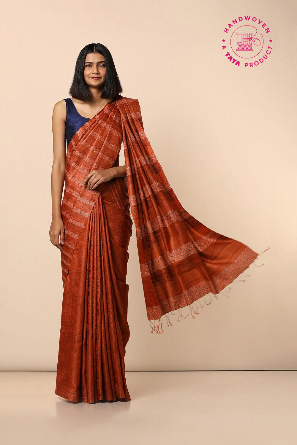Dark Orange Pure Tussar Silk Woven Saree image number null